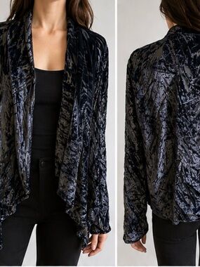 Ecote Velvet Burnout Black Purple women’s Cardigan Large Open Front Layering
